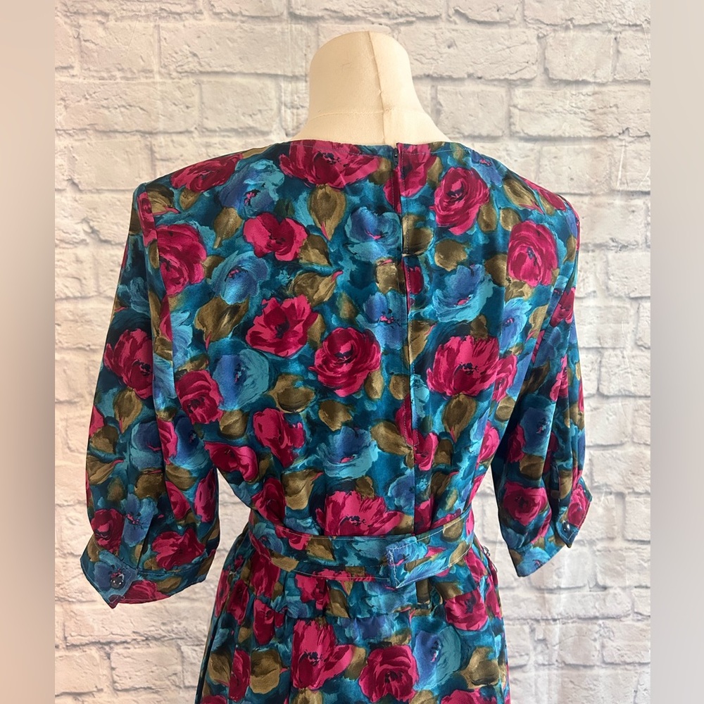 Vintage 60s Dress Handmade Midi Blue Pink Floral w Belt Garden Winter Fall - Picture 11 of 13